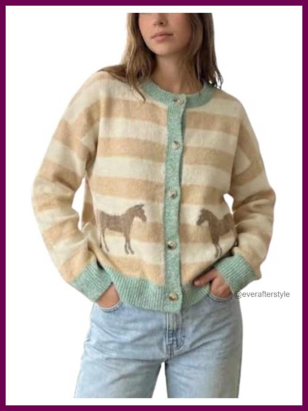 Womens Striped Crew Neck Long Sleeve Knit Cardigan Horse Icon Button Front